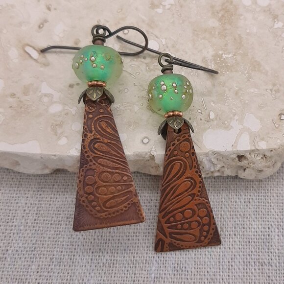 Handmade Jewelry - Embossed Copper Butterfly Wing Lampwork Boho Earrings